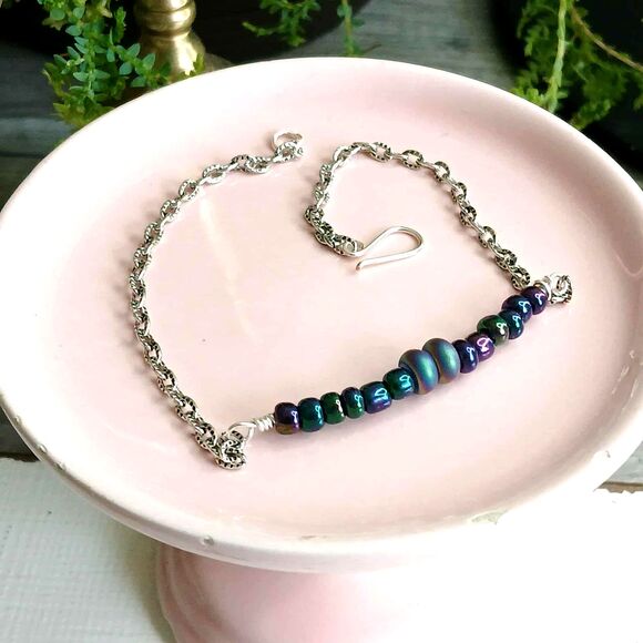 Holographic Beaded Anklet Bracelet, Adjustable Metallic Rainbow Jewelry - Picture 1 of 3